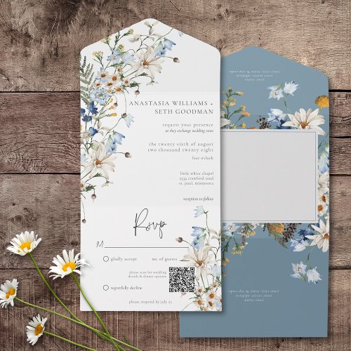 Rustic Dusty Blue Wildflowers  Daisies QR Code All In One Invitation