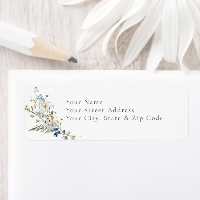 Rustic Dusty Blue Wildflowers & Daisies Shower Label (Insitu)