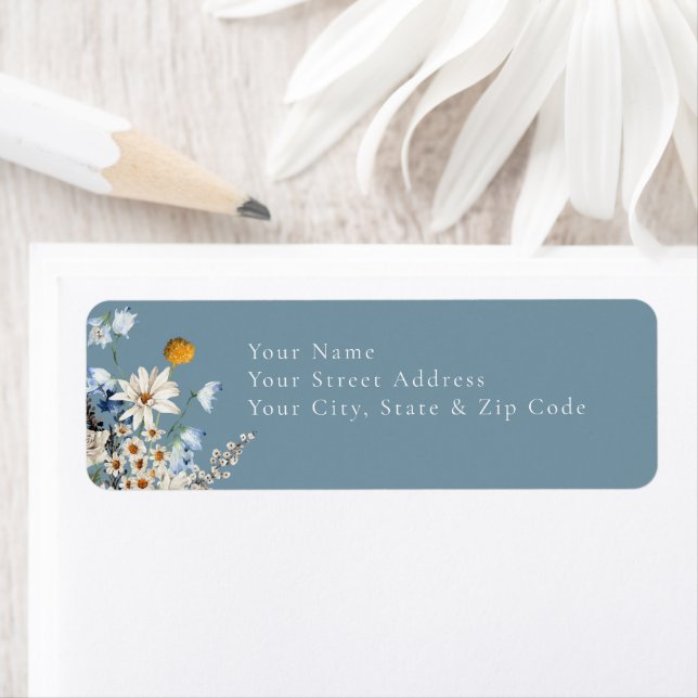 Rustic Dusty Blue Wildflowers & Daisies Shower Label (Insitu)