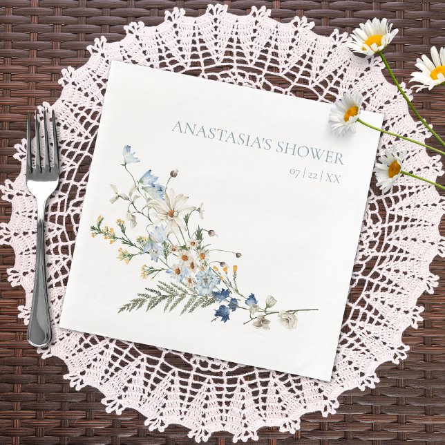 Rustic Dusty Blue Wildflowers & Daisies Shower Paper Dinner Napkins (Creator Uploaded)