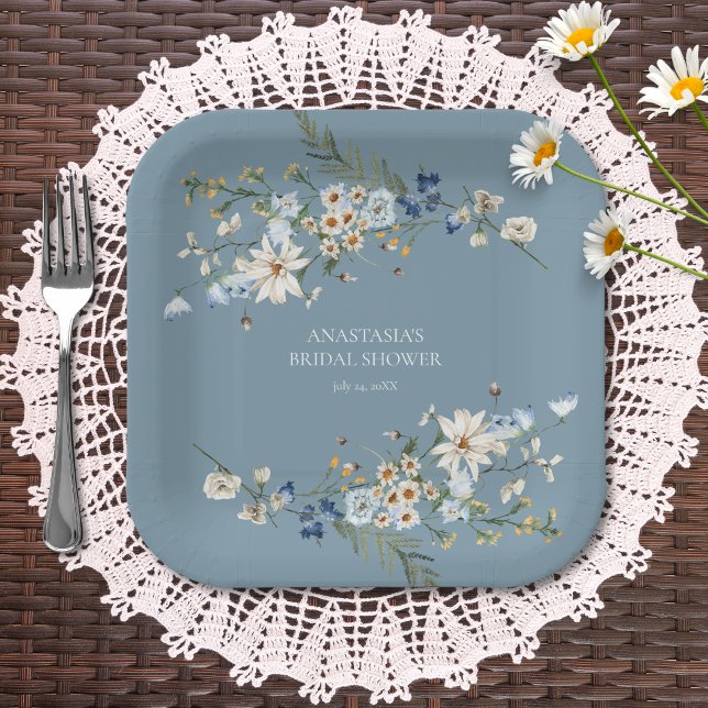 Rustic Dusty Blue Wildflowers & Daisies Shower Paper Plates (Creator Uploaded)