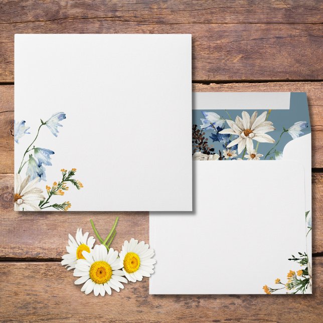Rustic Dusty Blue Wildflowers & Daisies Square Envelope (Rustic Dusty Blue Wildflowers & Daisies Square Wedding Invitation Envelope)