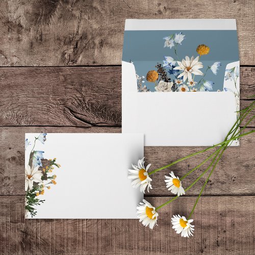 Rustic Dusty Blue Wildflowers  Daisies Wedding Envelope