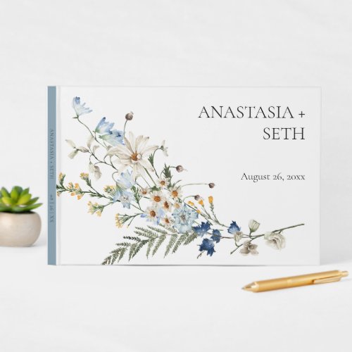 Rustic Dusty Blue Wildflowers  Daisies Wedding Guest Book