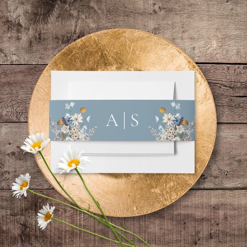 Rustic Dusty Blue Wildflowers  Daisies Wedding Invitation Belly Band