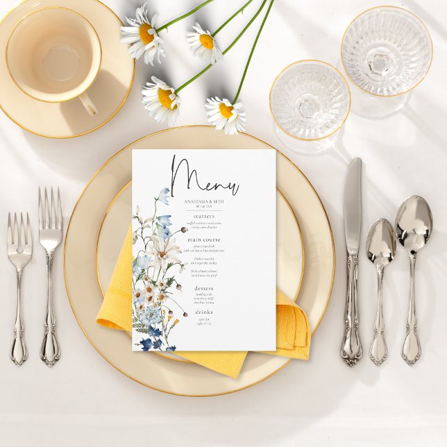 Rustic Dusty Blue Wildflowers & Daisies Wedding Menu (Rustic Dusty Blue Wildflowers & Daisies Wedding Menu)