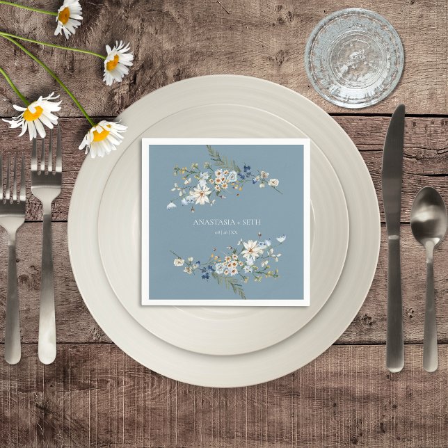 Rustic Dusty Blue Wildflowers & Daisies Wedding Napkins (Rustic Dusty Blue Wildflowers & Daisies Wedding Cocktail Napkin)