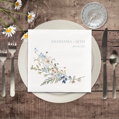 Rustic Dusty Blue Wildflowers  Daisies Wedding Paper Dinner Napkins