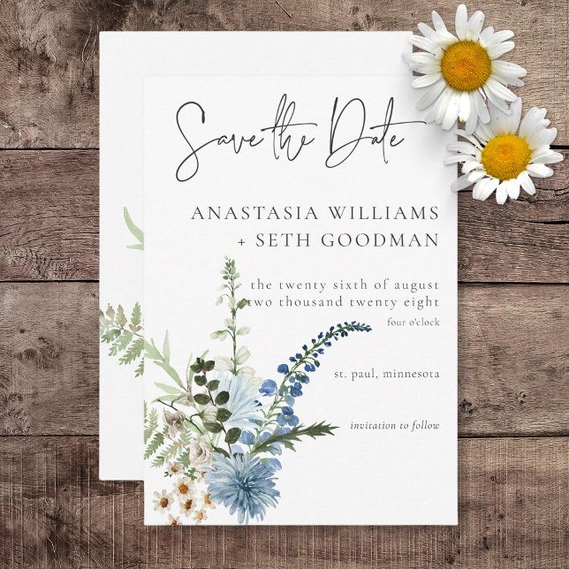 Rustic Dusty Blue Wildflowers & Daisies Wedding Save The Date (Rustic Dusty Blue Wildflowers & Daisies Wedding Save the Date Card)
