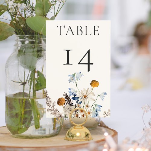 Rustic Dusty Blue Wildflowers & Daisies Wedding Table Number