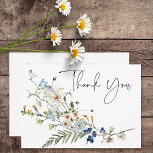 Rustic Dusty Blue Wildflowers & Daisies Wedding Thank You Card