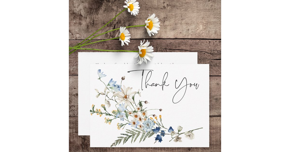 Rustic Dusty Blue Wildflowers & Daisies Wedding Thank You Card | Zazzle