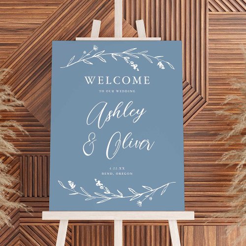 Rustic Dusty Blue Wildflowers Wedding Welcome Sign