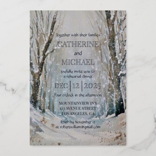Rustic Dusty Blue Winter Forest Watercolor Wedding Foil Invitation
