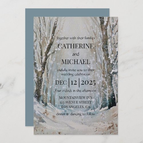 Rustic Dusty Blue Winter Forest Watercolor Wedding Invitation