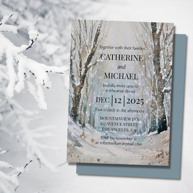 Rustic Dusty Blue Winter Forest Watercolor Wedding Invitation (Creator Uploaded)