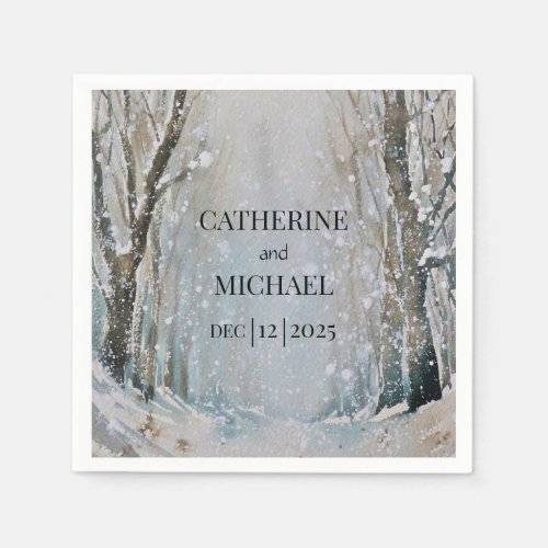 Rustic Dusty Blue Winter Forest Watercolor Wedding Napkins