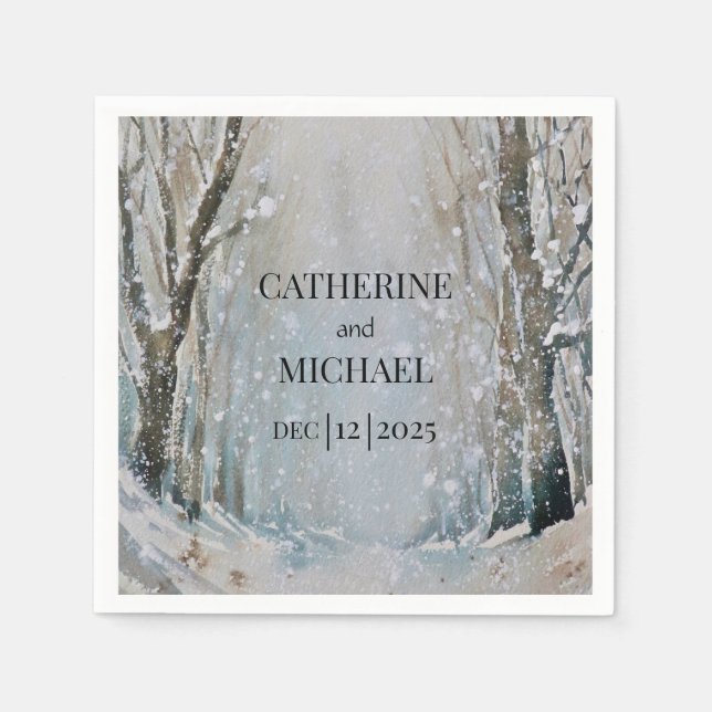 Rustic Dusty Blue Winter Forest Watercolor Wedding Napkins (Front)