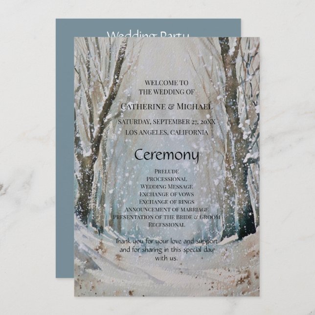 Rustic Dusty Blue Winter Forest Watercolor Wedding Program (Front/Back)