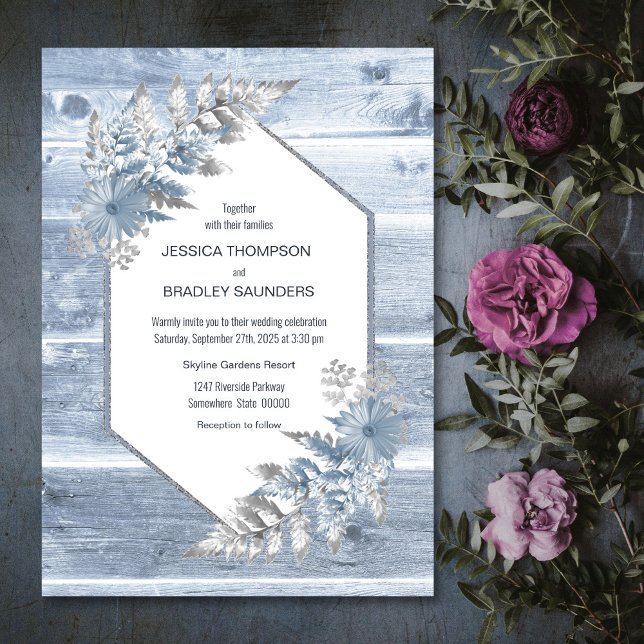 Rustic Dusty Blue Wood Botanical Wedding Invitation (Creator Uploaded)