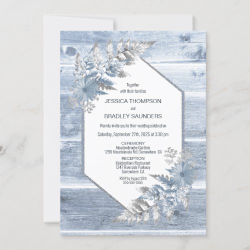 Rustic Dusty Blue Wood Botanical Wedding Invitation