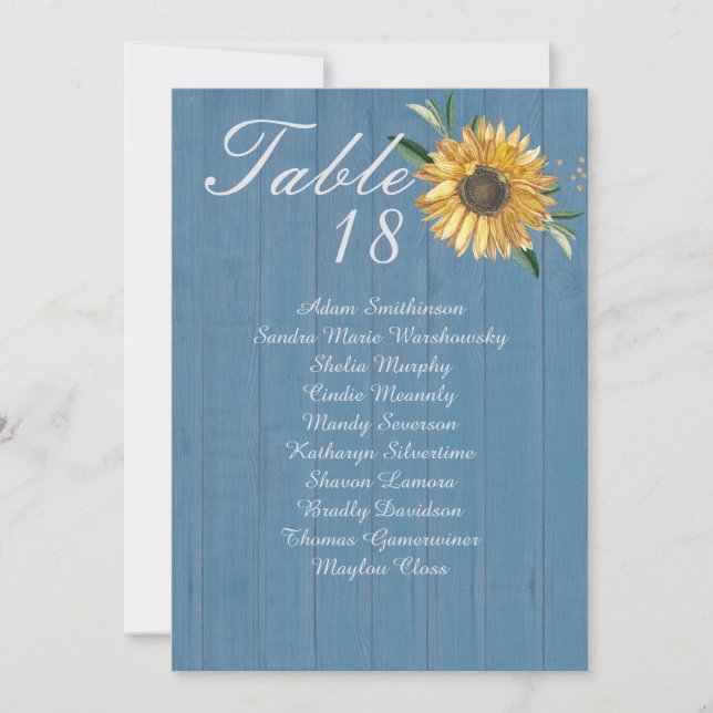 Rustic Dusty Blue Wood, Golden Sunflower Table Ann Announcement (Front)