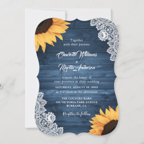 Rustic Dusty Blue Wood Lace Sunflower Wedding Invitation