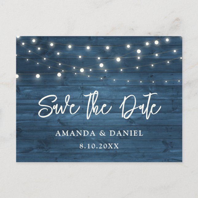 Rustic Dusty Blue Wood Lace Wedding Save The Date Announcement Postcard (Front)