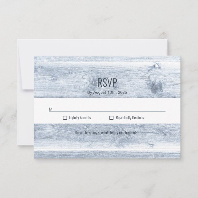 Rustic Dusty Blue Wood Wedding RSVP (Front)