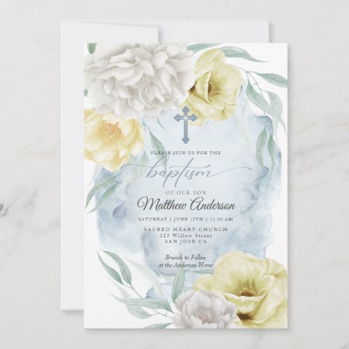 Rustic Dusty Blue Yellow Floral BAPTISM  Invitation