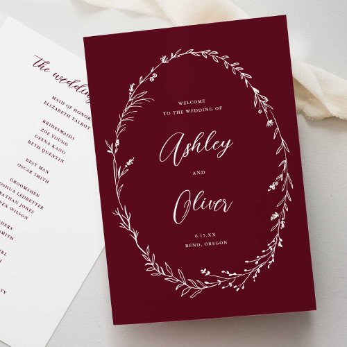 Rustic Dusty Burgundy Wildflower Wreath Wedding Program