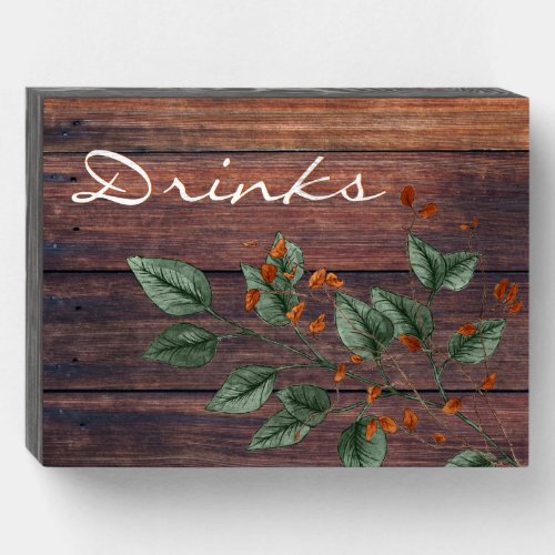 Rustic Dusty Green Burnt Orange Floral Drinks Wood Wooden Box Sign