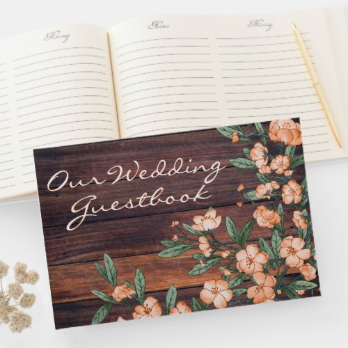 Rustic Dusty Green Orange Cherry Blossoms Wedding Guest Book