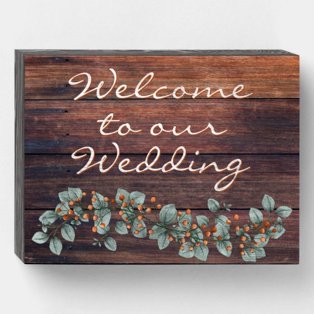 Rustic Dusty Green Orange Welcome to Our Wedding Wooden Box Sign (Front Horizontal)