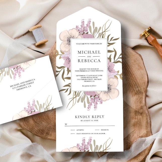 Rustic Dusty Mauve Pink Floral Bouquet Wedding All In One Invitation (Creator Uploaded)