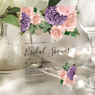 Rustic Dusty Peach Purple Floral Bridal Shower     Acrylic Invitations