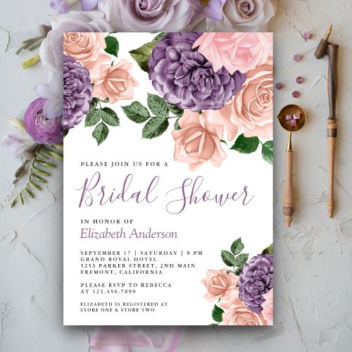 Rustic Dusty Peach Purple Floral Bridal Shower     Invitation