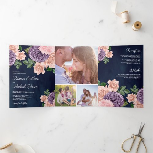 Rustic Dusty Peach Purple Floral Navy Blue Wedding Tri_Fold Invitation