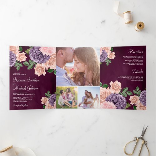 Rustic Dusty Peach Purple Floral Plum Wedding Tri_Fold Invitation