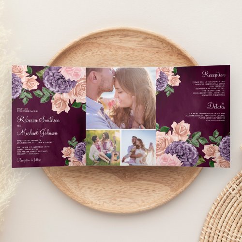 Rustic Dusty Peach Purple Floral Plum Wedding Tri_Fold Invitation