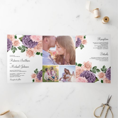 Rustic Dusty Peach Purple Floral Wedding Tri_Fold Invitation