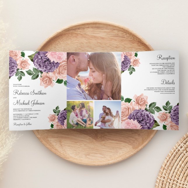 Rustic Dusty Peach Purple Floral Wedding Tri-Fold Invitation (Creator Uploaded)