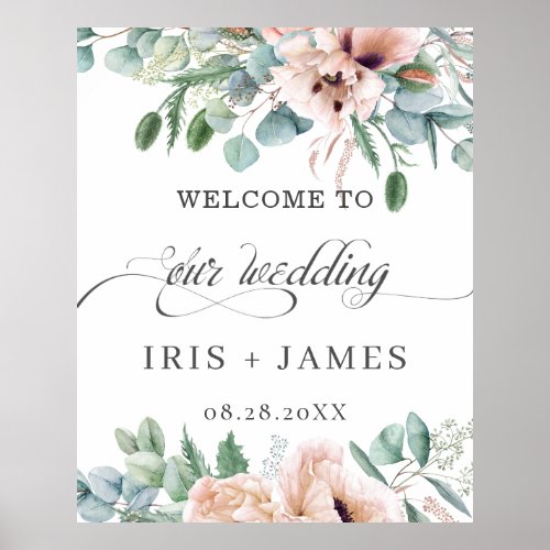 Rustic Dusty Pink Blush Floral Wedding Welcome Poster