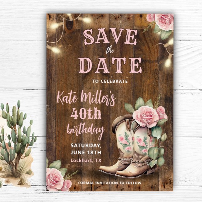 Rustic Dusty Pink Cowgirl Birthday Western Boots Save The Date (Creator Uploaded)