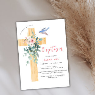 Rustic Dusty Pink Floral Eucalyptus Cross Baptism Invitation