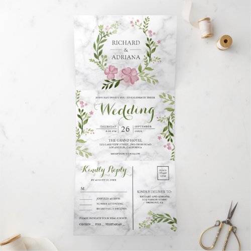 Rustic Dusty Pink Floral Greenery Marble Wedding Tri_Fold Invitation