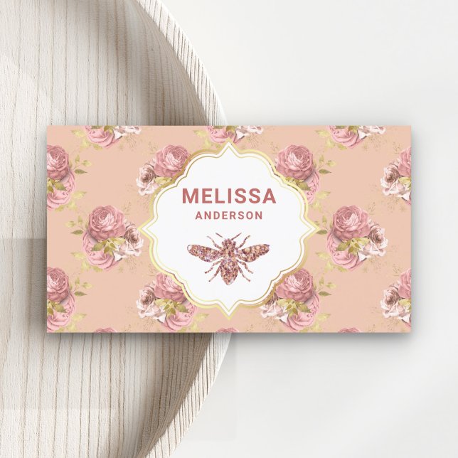 Rustic Dusty Pink Floral Rose Gold Honey Bee Business Card (Creator Uploaded)
