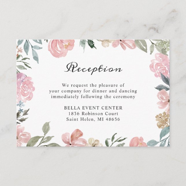 Rustic Dusty Pink Floral Wedding Reception Details Enclosure Card (Front)