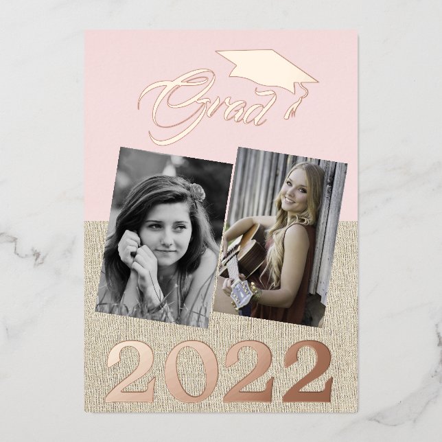 Rustic Dusty Pink Graduate 2 Photo Graduation Foil Invitation (Front)