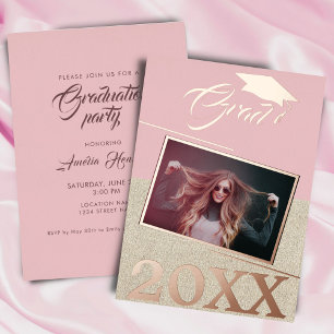 Rustic Dusty Pink Graduate Photo Graduation Foil Invitation